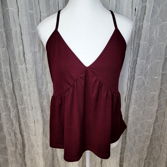 SHEIN Tops - SHEIN Burgundy V Neck Peplum Camisole Spaghetti Strap Top OXL